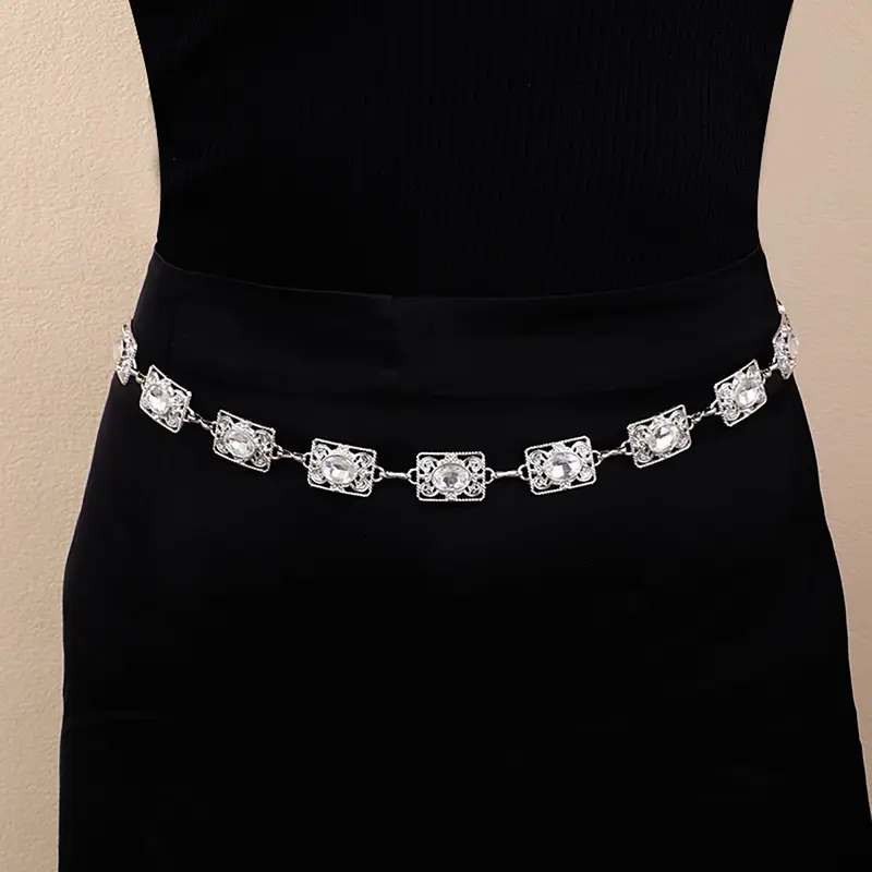 Women\'s Silver Square Rhinestone Waist Chain Belt Y2K Festival Chain Belt Dress rhinestone belts for dresses - TikTok Shop main image 3
