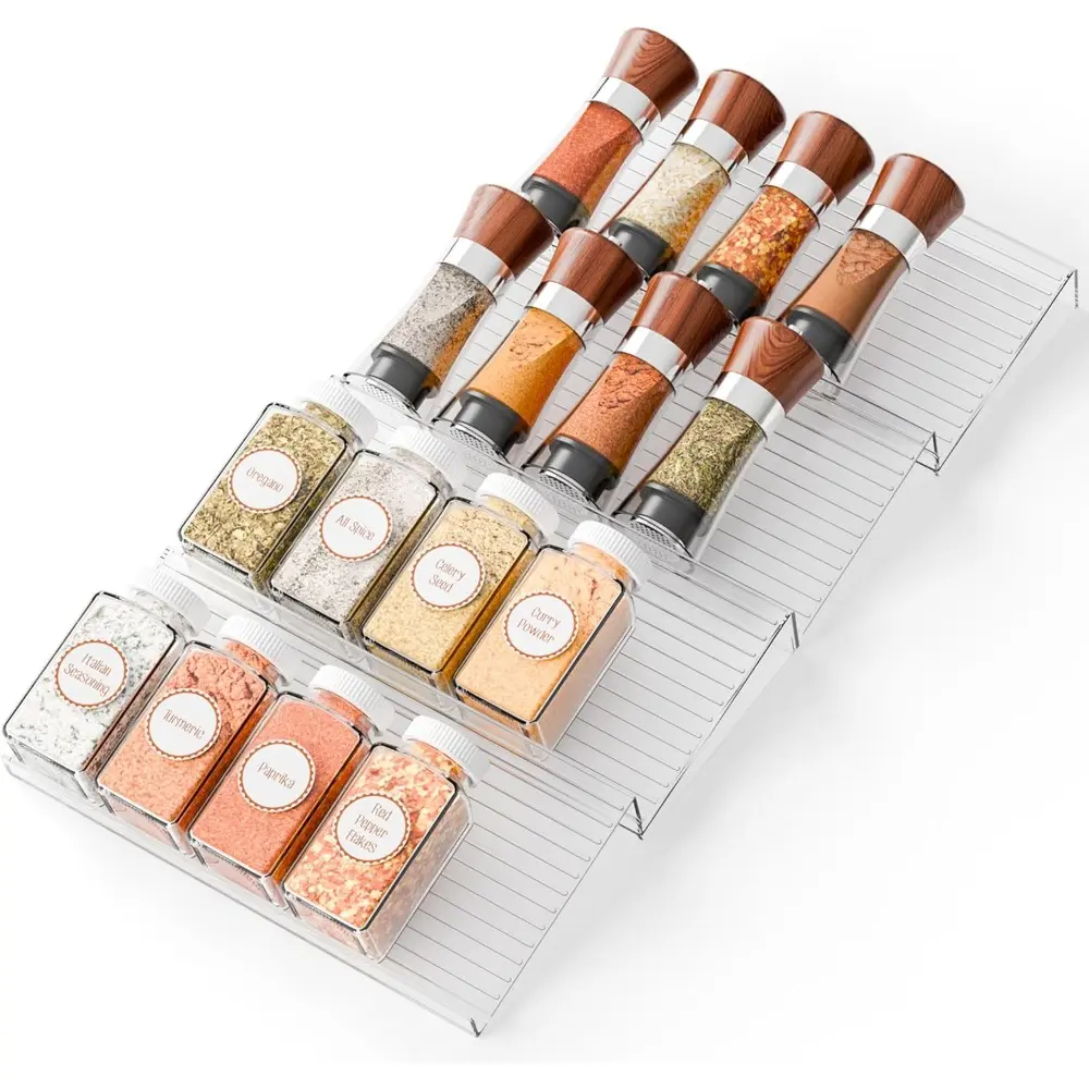 4 adjustable narrow drawer seasoning racks-expandable from 9 inches to 17.7 inches, layered transparent seasoning tray for storing seasonings, condiments and jars, Expandable drawer organizer, Adjustable Storage Rack