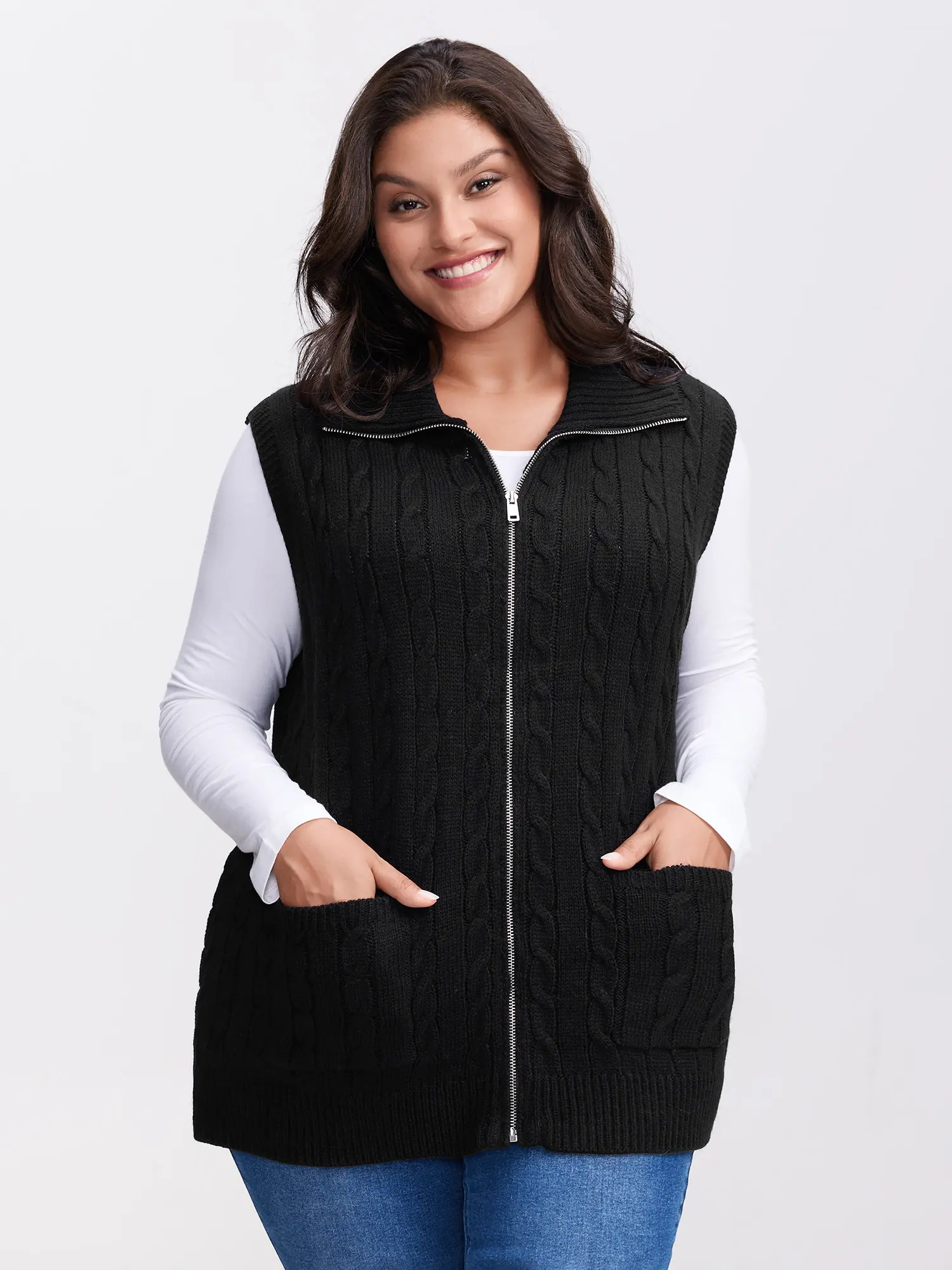 BloomChic Women's Color Block Cable Knit Vest - Casual Sleeveless Polo Collar Top with Zipper Closure, Fit Summer Knitwear Top, Garment, Lady, Flat, Basic, Soft Knit Vest, Zip Up Vest