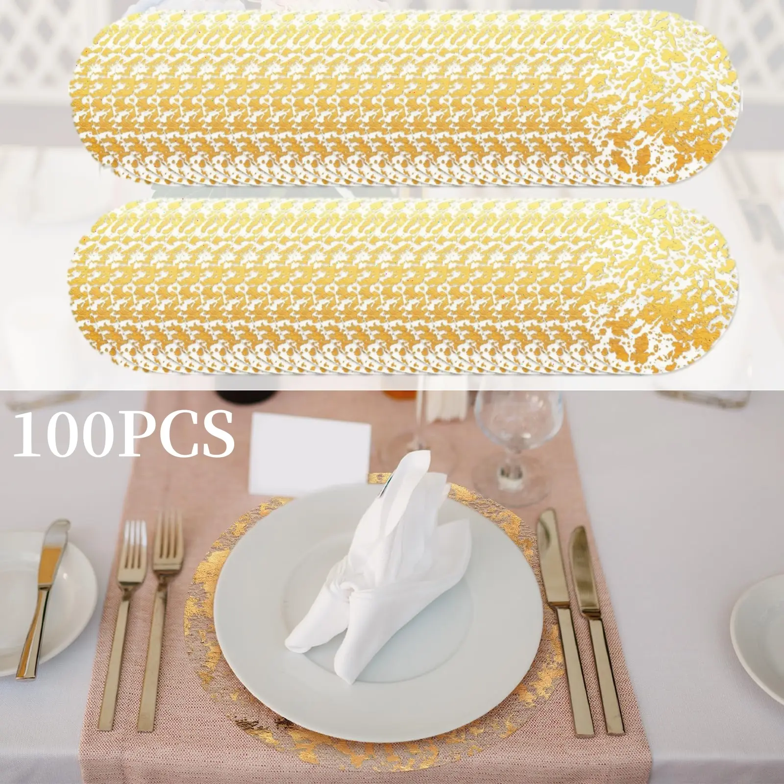 100 Pieces Gold Placemats, 13 Inch Disposable Round Foil Table Mats Bulk, Metallic Mesh Pressed Table Doilies Runners for Home Decor, Dining Table, Birthday Party, Wedding