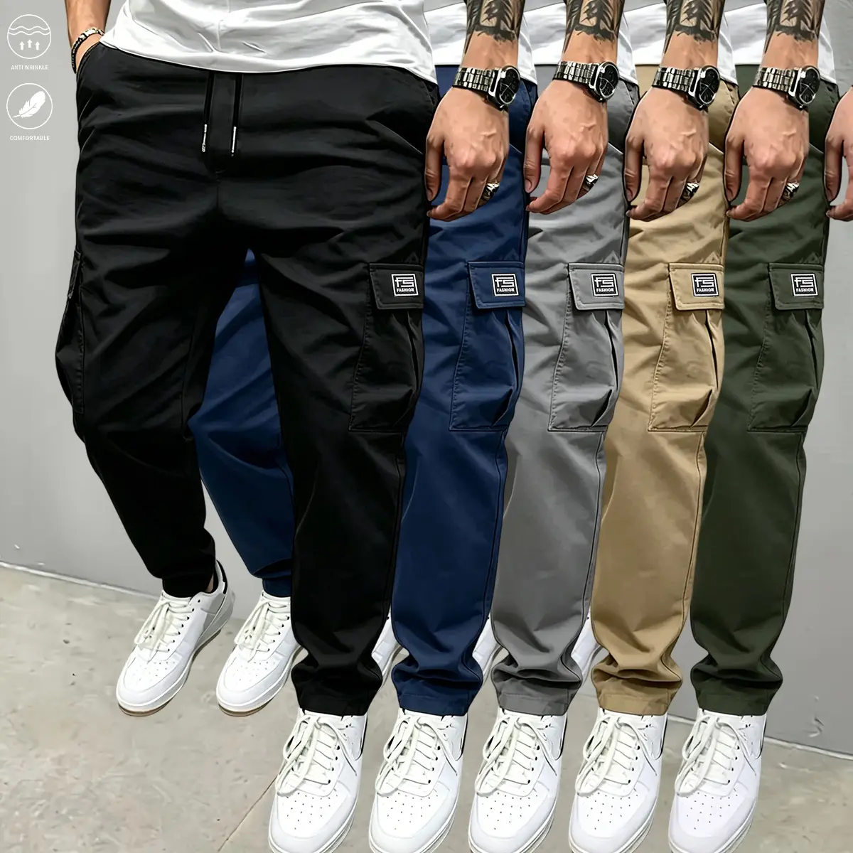 Men's Casual Plain Cargo Trousers, 5-Pack Set with Drawstring Waist and Multiple Pockets for Outdoor Everyday Wear, Polyester Clothes, Mens Clothing, Drawstring Waist Adapts To Your Fit, Plain Pairs Easily With Tees, Outdoor Ready, Preppy