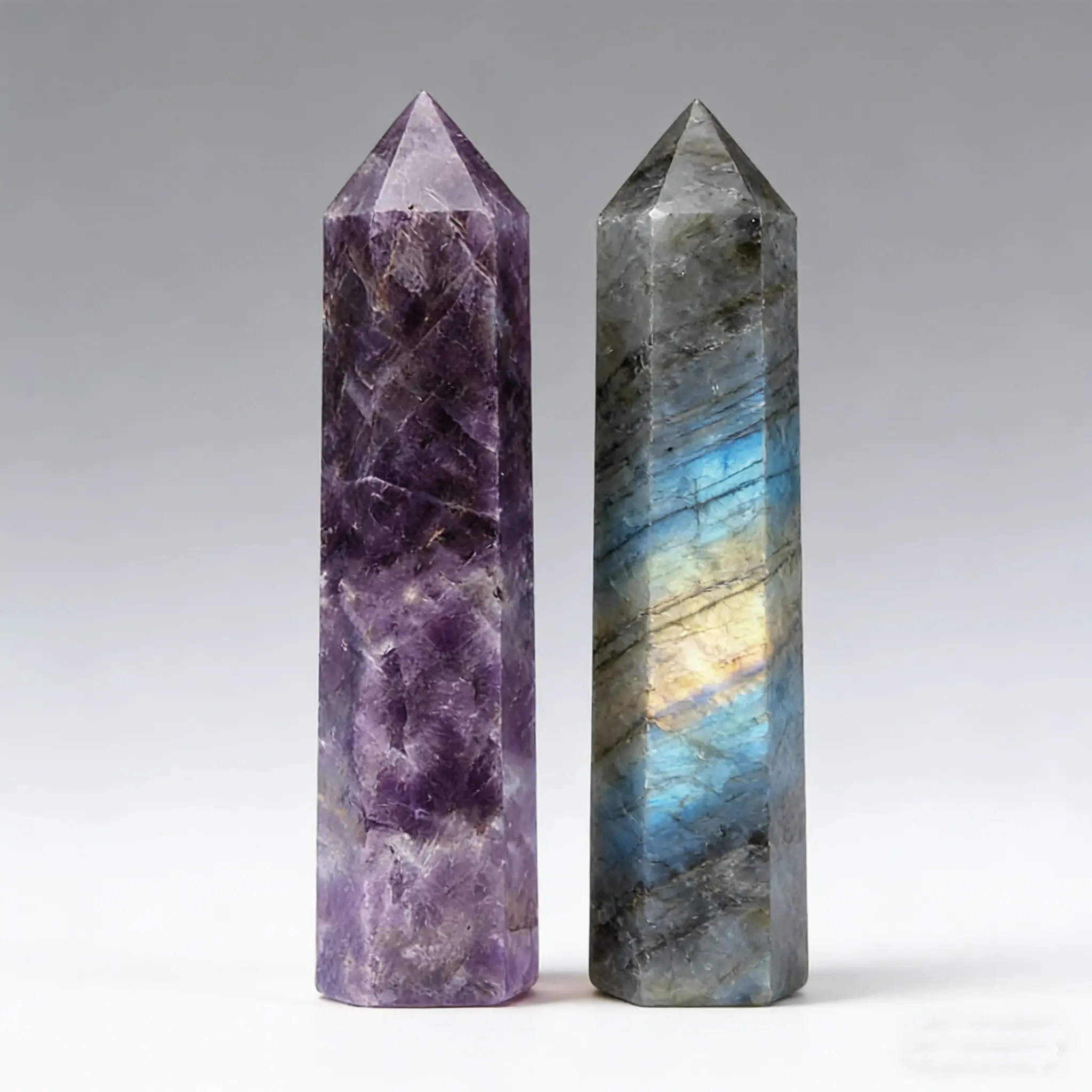 2Pcs Natural Labradorite Amethyst Crystal Tower Point Obelisk Set 3.2"-6.7" Iridescent Aurora Flash Dreamy Violet Big Pillar Six-Facet Polished Figurine Home Office Desktop Shelf Living Room Decor Statue Birthday Housewarming Gift Collectors Stone Decor