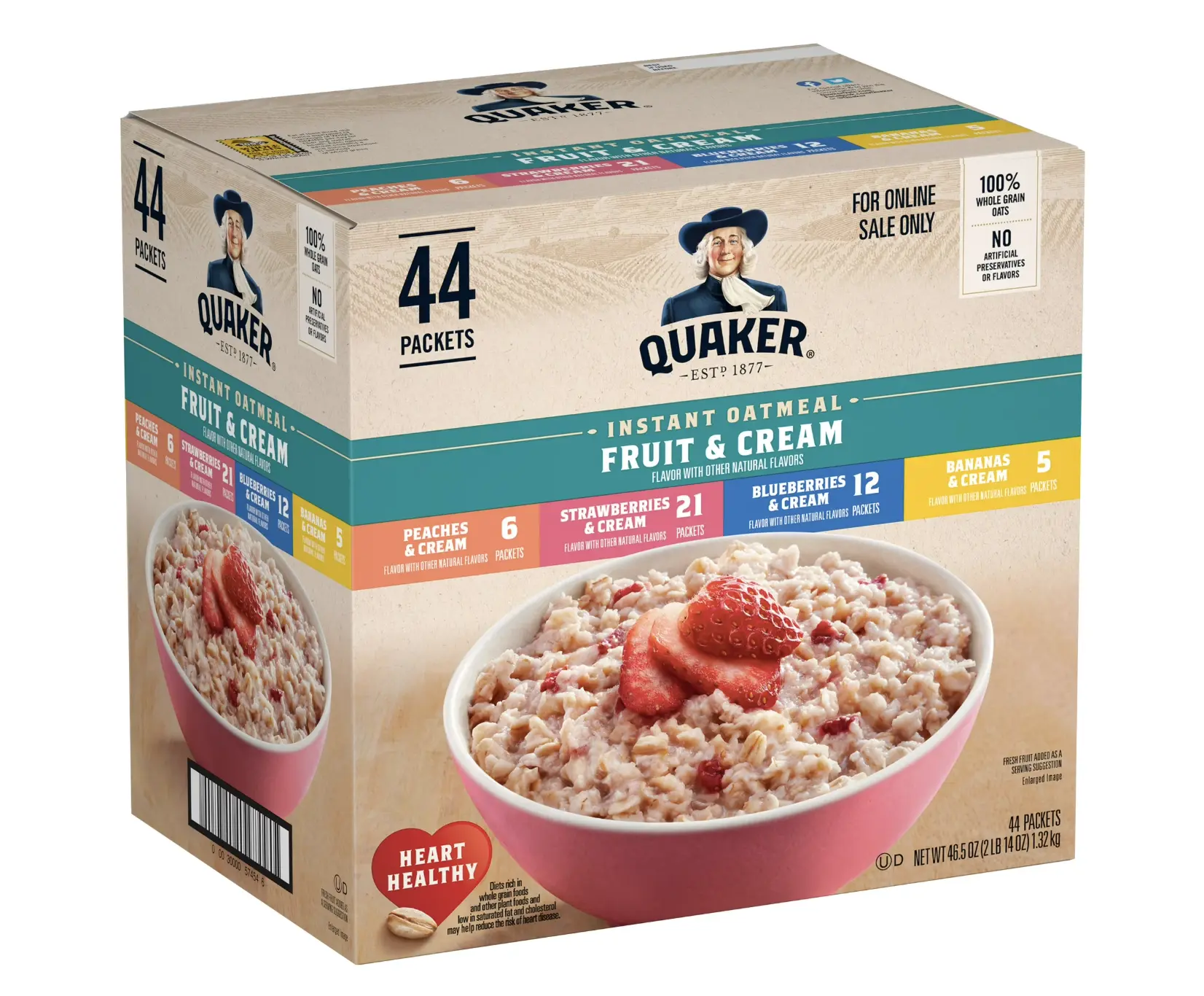 Quaker Instant Oatmeal, Fruit & Cream, 4 Flavor Variety Pack, 44 Packets