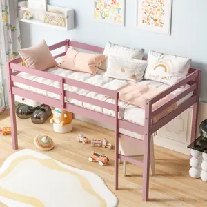Twin Size Low Loft Bed Frame with Rubber Wood Construction, Ladder, Guardrail, Wood Slat Support, Space Saver Design, No Box Spring Needed, Pink