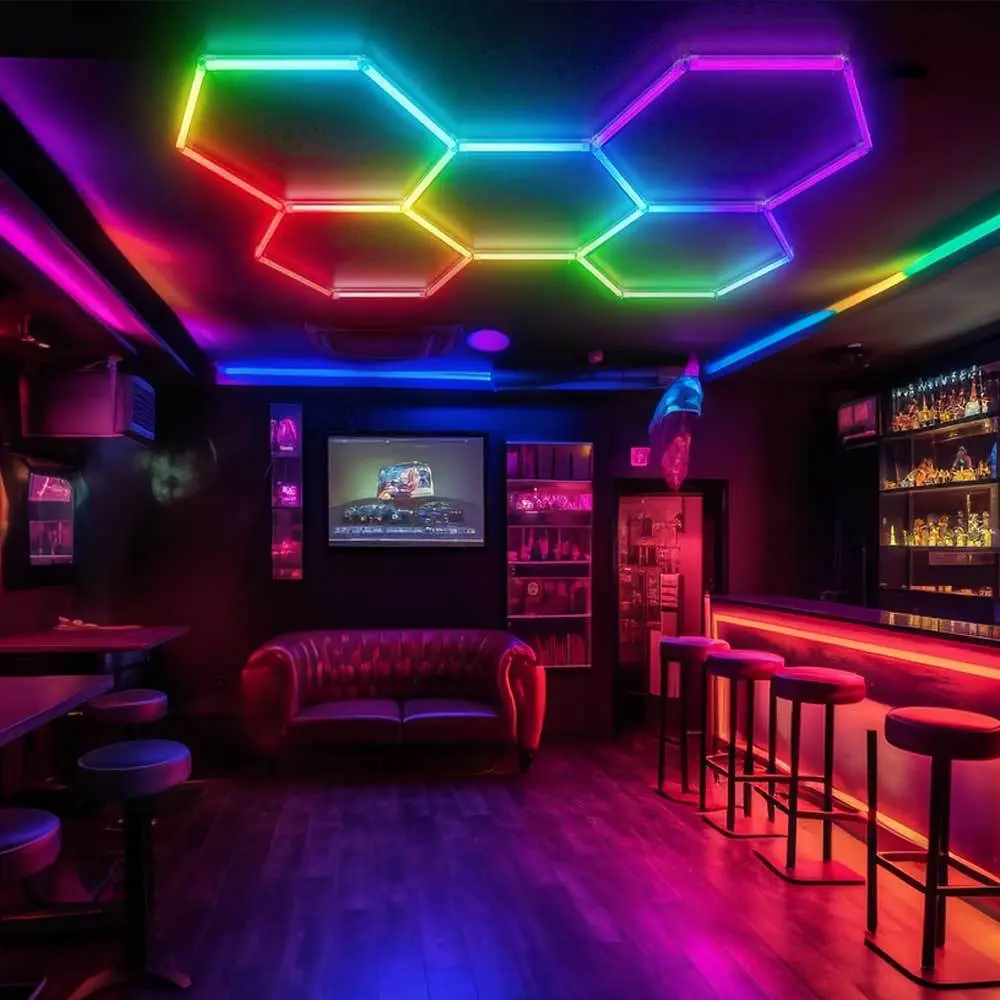 24Pack RGB 5 Hexagon LED Garage/Wall Lights, RGB 358 Kinds of Changes Dimmable Speed-Adjustable DIY Color-Changing Lights for Party, Gaming Room, Gym, Garage