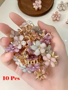 10 Pcs Sweet Mini Resin Flower Hair Clips, 2cm Alloy Camellia Design, Casual Colorblock Style, All Season Hair Accessories