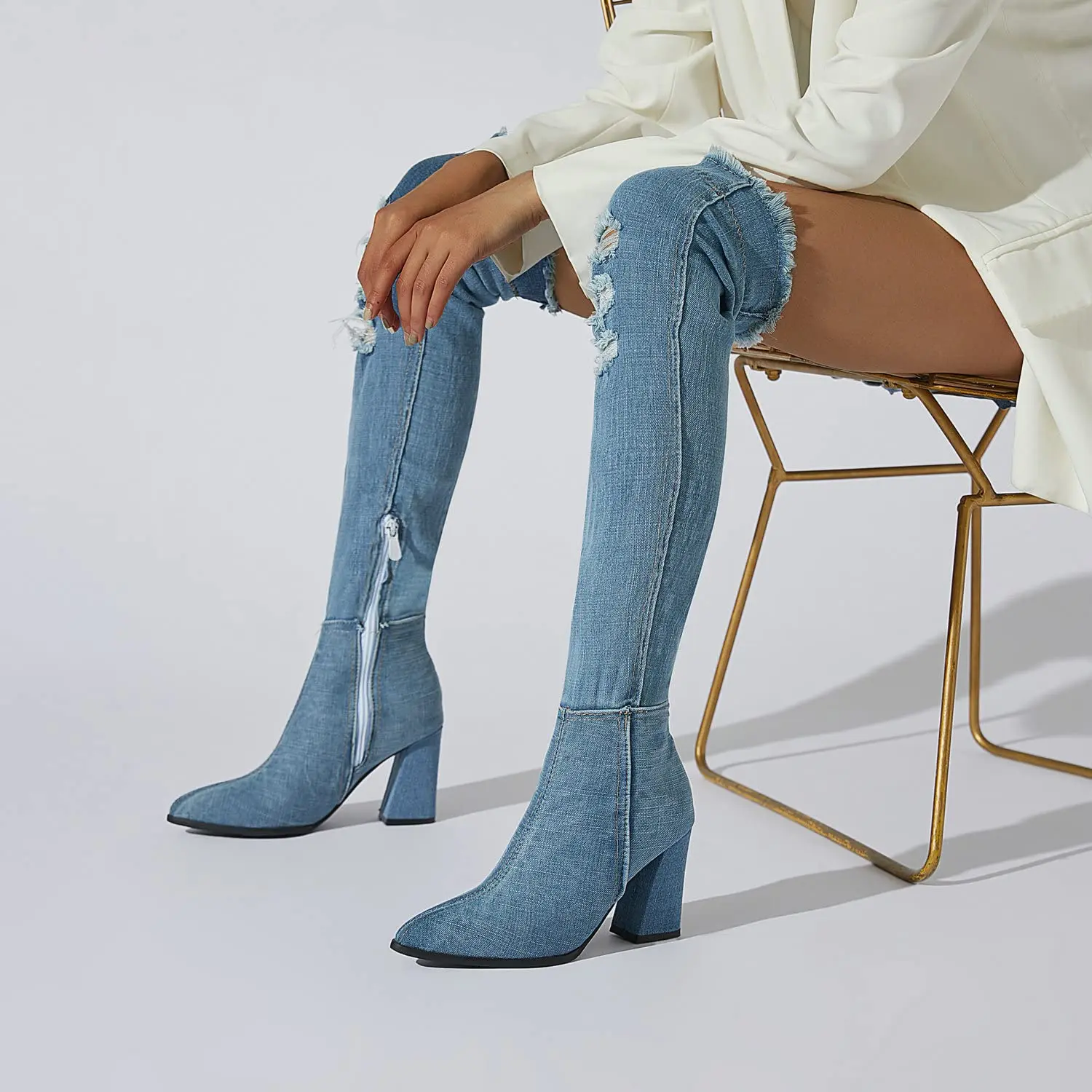 Women's Denim Over The Knee Boots Thigh High Pointy Toe Block High Heel Wedding Party Denim Boots