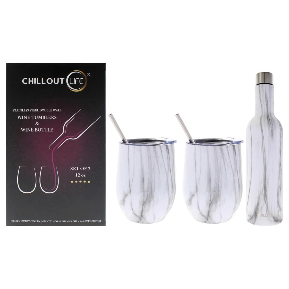 Chillout Life I0159758 Stylish Stainless Steel Insulated Drink Flasks Set - Carrara Marble, 3-Piece Wine Tumbler & Wine Bottle with Insulation