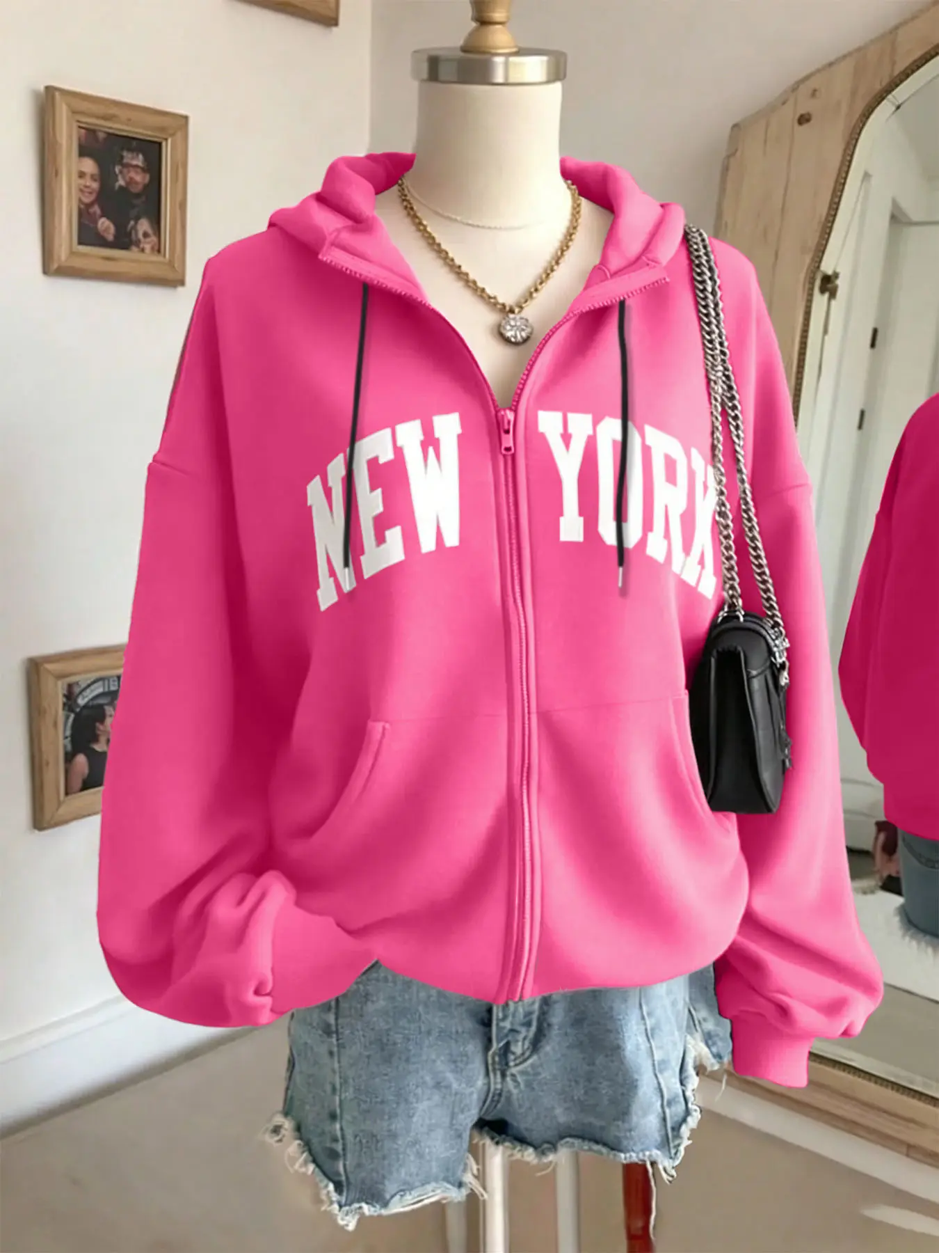 Women's Versatile Zip-Up Hooded Jackets with Zipper, NEW YORK Letter Print Statement, Slim-Fit Long-Sleeve, Comfortable Casual Street Chic Outwear for Travel, Vacation, Campus & Street Looks Fitted, Womenswear