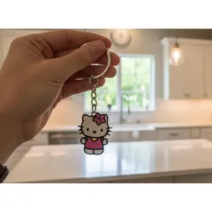 3D Printed Hello Kitty Keychain – Cute Enamel-Style Bag Charm, Pink Floral hello Kitty Key Ring