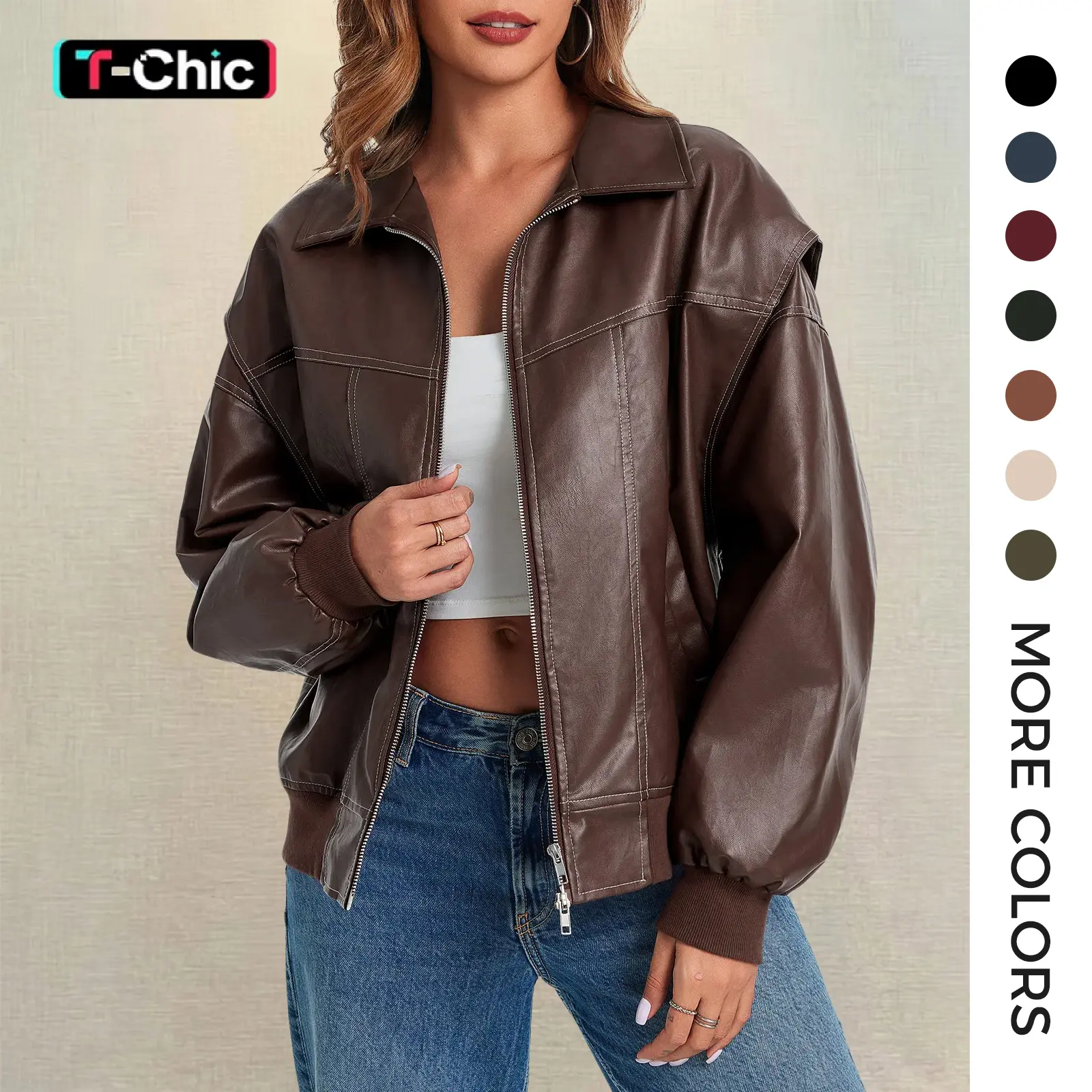 TANKANEO Women's Casual Collared Oversized Faux Leather Bomber Jacket - Long Sleeve Zip Up Moto Outerwear with Pockets