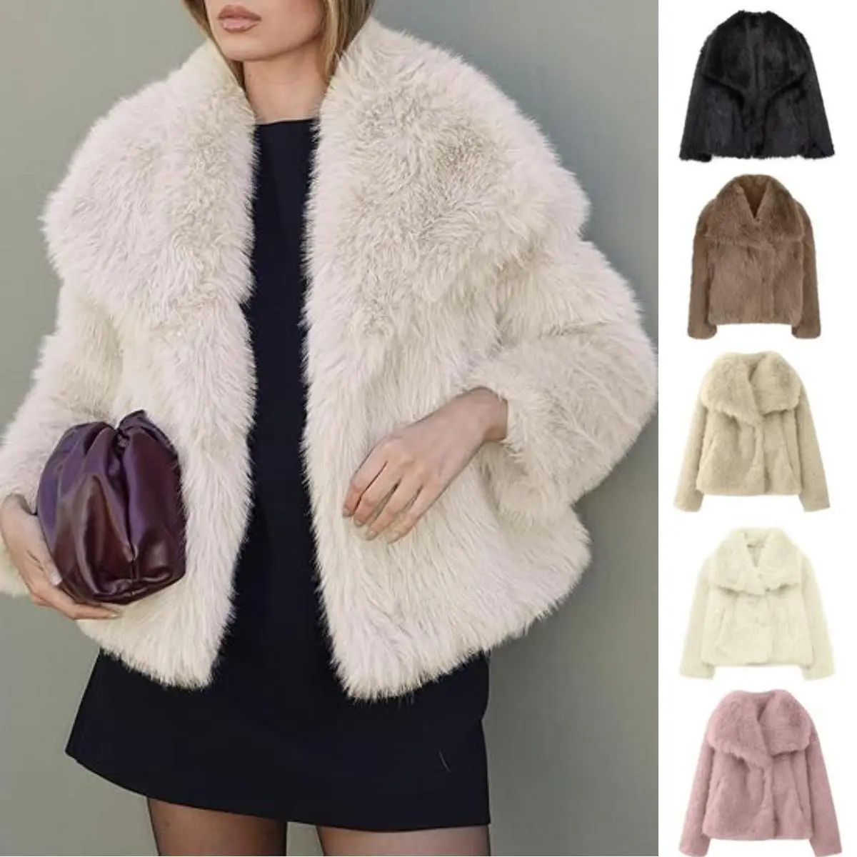 Naeduo Women's Faux Fur Coat Fluffy Faux Fur Jacket Long Sleeve Lapel Furry Winter Jackets Shaggy Parka Short Coat with Sequins and Pockets Casual Elegant Fashionable Smooth Lining Warm Open Front Design Style Womenswear