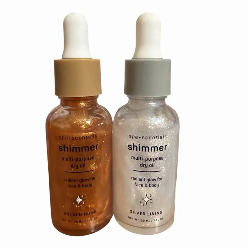 Spa Scential Shimmer Multipurpose Dry Oil 2-Pc Set - Golden Hour, Silver Lining - Dropper Bottle for Face and Body Radiant Glow