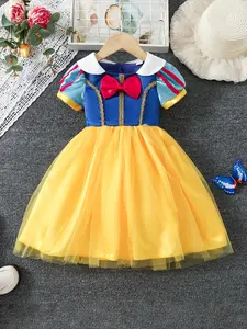 Coviviky Girls' Doll Collar Princess Dress with Puff Sleeves, Bowknot Decoration, Color Block Tulle Skirt for Daily Casual & Party Wear, Collared Dress, Bubble Sleeve Dress