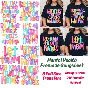 Mental Health Premade Gang Sheet, Mental Health gang sheet, DTF gang sheet, DTF Transfers, Mental Health transfers, Mental health DTF Vibrant Side Hot Peel