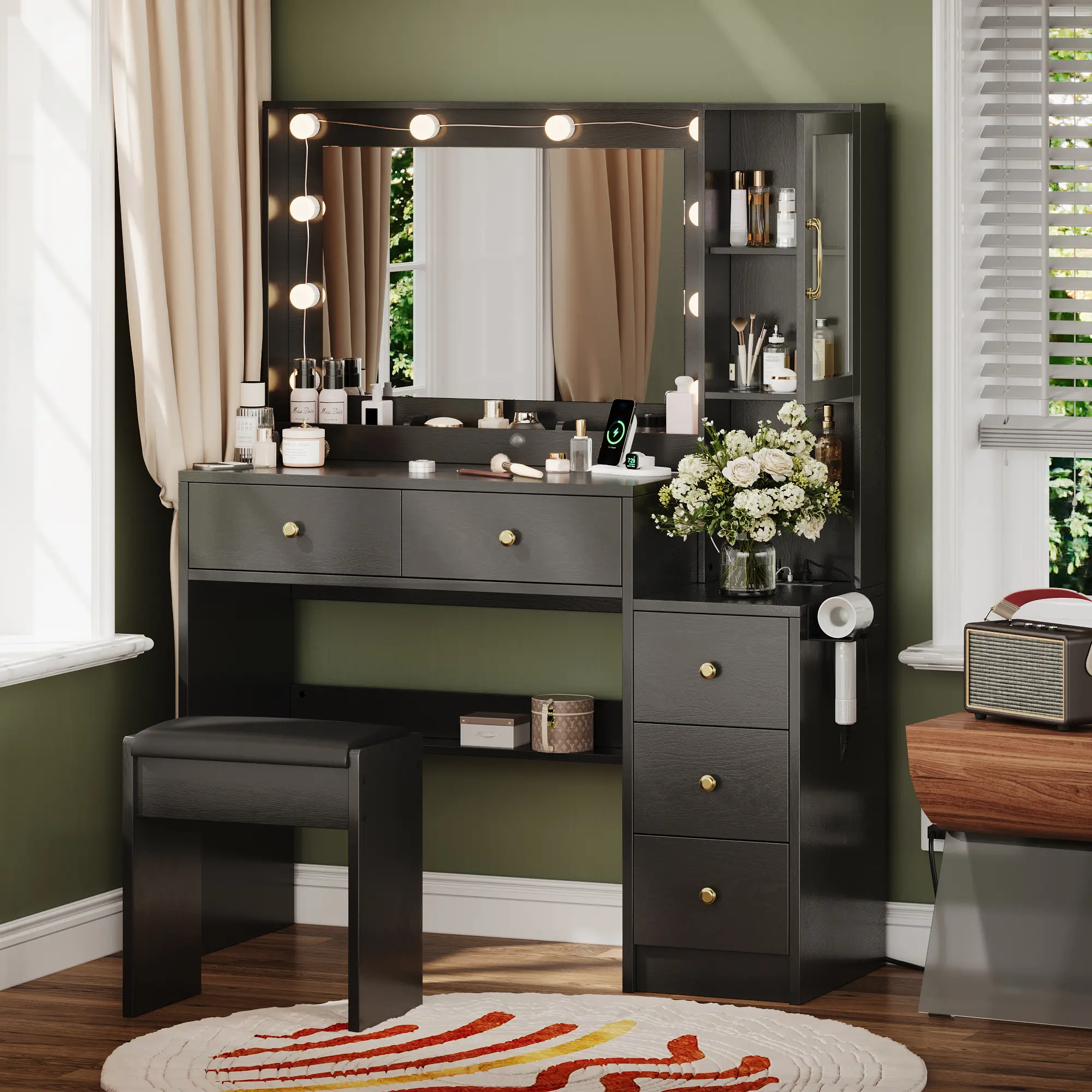 TOKSOM Vanity Desk with Mirror and Replaceable Lamp with 5 Storage Drawers Power Outlet & Chair with RGB Ambient Light Adjustable Brightness for Girls Bedroom Large Corner Desk Vanity Makeup Vanity Desk White Black Valentine's Day Gifts for Women Girls