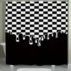 1pc black and white checkered drip pattern waterproof shower curtain, perfect for bathroom decoration, partition, beautification space, durable polyester material, easy to clean, machine washable, multiple sizes available, free hook