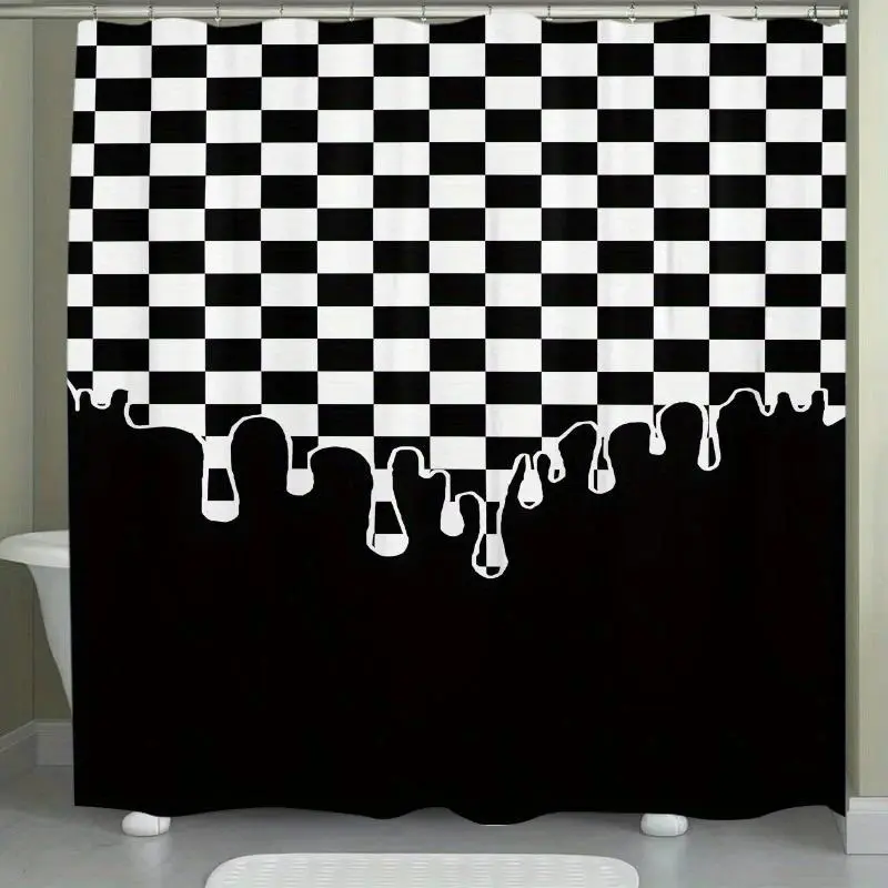 1pc black and white checkered drip pattern waterproof Decorative shower curtain, perfect for bathroom decoration, partition, beautification space, durable polyester material, easy to clean, machine washable, multiple sizes available, free hook