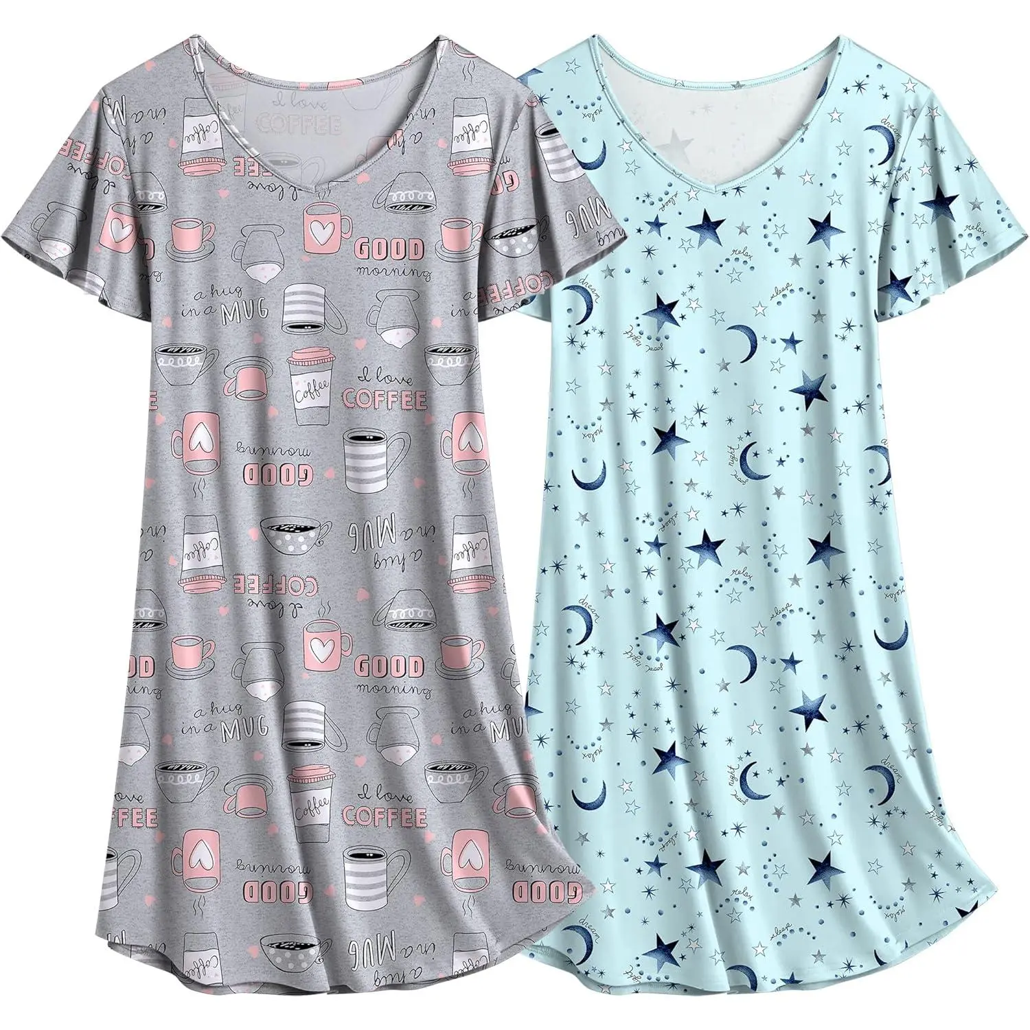 Cozy Nightgown Set for Women 2 Pack Short Flutter Sleeve Nightshirts Comfy Soft Pajama Sleep Dress with Cartoon Prints Loungewear Nightwear Womenswear Day Print Homewear Style Pjs Shortsleeve Yifanyou Sports