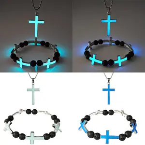 2/4Pcs Glow-in-the-Dark Cross Bracelet & Necklace Set for Men & Women - Luminous Fluorescent, Wedding Party Accessories, Birthday Gifts