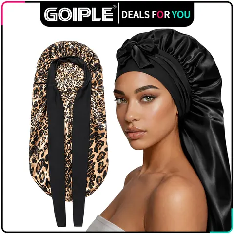 【SUMMER VIBES】Women's Satin Silk Braid Bonnet - 2 Count Large Long Sleep Cap with Stretchy Tie Band for Braids Elastic Soft Premium Designed Hats (Black&Pink)