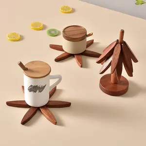 New Set of 4Potholders and 1Holder, Wooden Coasters for Hot Dishes,Kitchen Decorative Placemat, Christmas TreeShape, Foldable Kitchen Decoration, Perfectfor Pots, Bowls, Coffee Cups, Teapots and HotPots