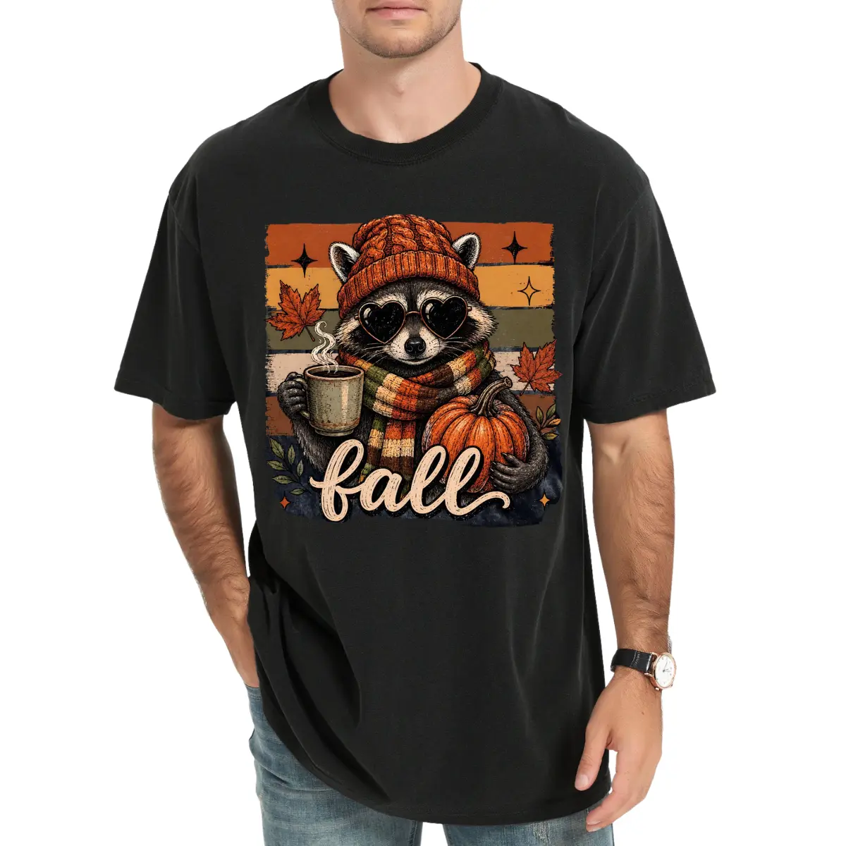 Cute Fall Raccoon Graphic T-Shirt, Cozy Autumn Coffee & Pumpkin Raccoon Tee, Vintage Fall Leaves Animal Shirt, Thanksgiving Gift for Fall Lovers, Unisex Graphic Tee Casual Cotton Crewneck Menswear Top Graphic