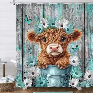 Funny Highland Cow Shower Curtain for Bathroom Decor, Teal Farm Daisy Floral Flowers and Butterfly on Country Wooden Farmhouse Bath Curtain Country Animal Flower Waterproof 12 Hooks