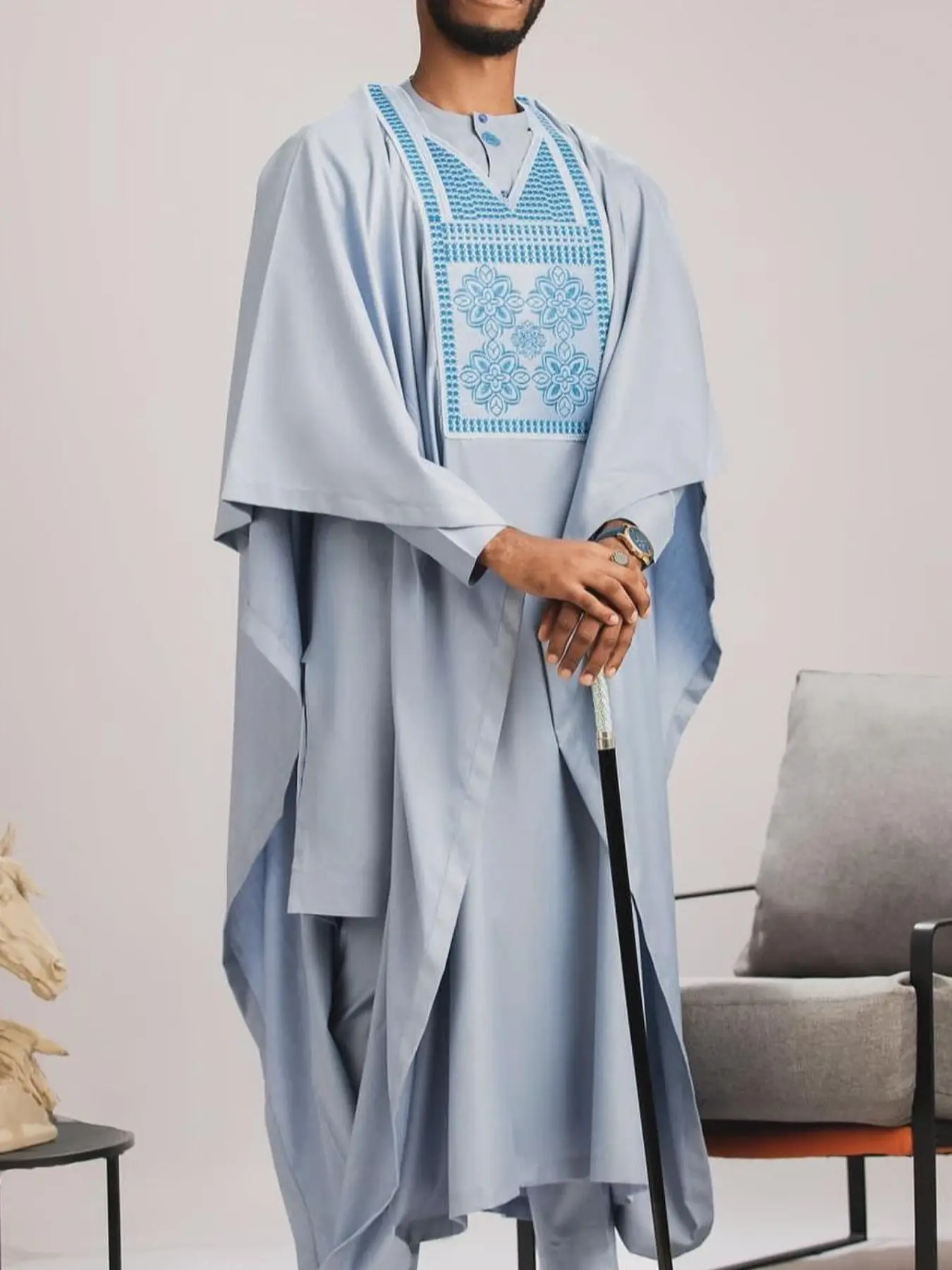 Men's Traditional Agbada Dashiki Set, Loose-Fit Baggy Embroidered Shirt and Pants, All-Season Woven Fabric, Perfect for Weddings and Parties
