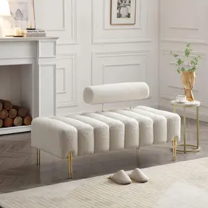 53.2" Width Ottoman Bench, Teddy Upholstered Accent Sofa with Metal Legs, Comfy Love Seat Couches with Adjustable Backrest, End of Bed Bench for Bedroom, Entryway (Beige-Teddy)
