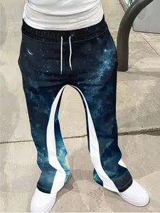 Men's Vintage Distressed Bell Bottom Pants, Athleisure Style Bottoms, Fashion Print Drawstring Sports Long Pants, 3D Soft Breathable Fabric, Casual Daily Wear