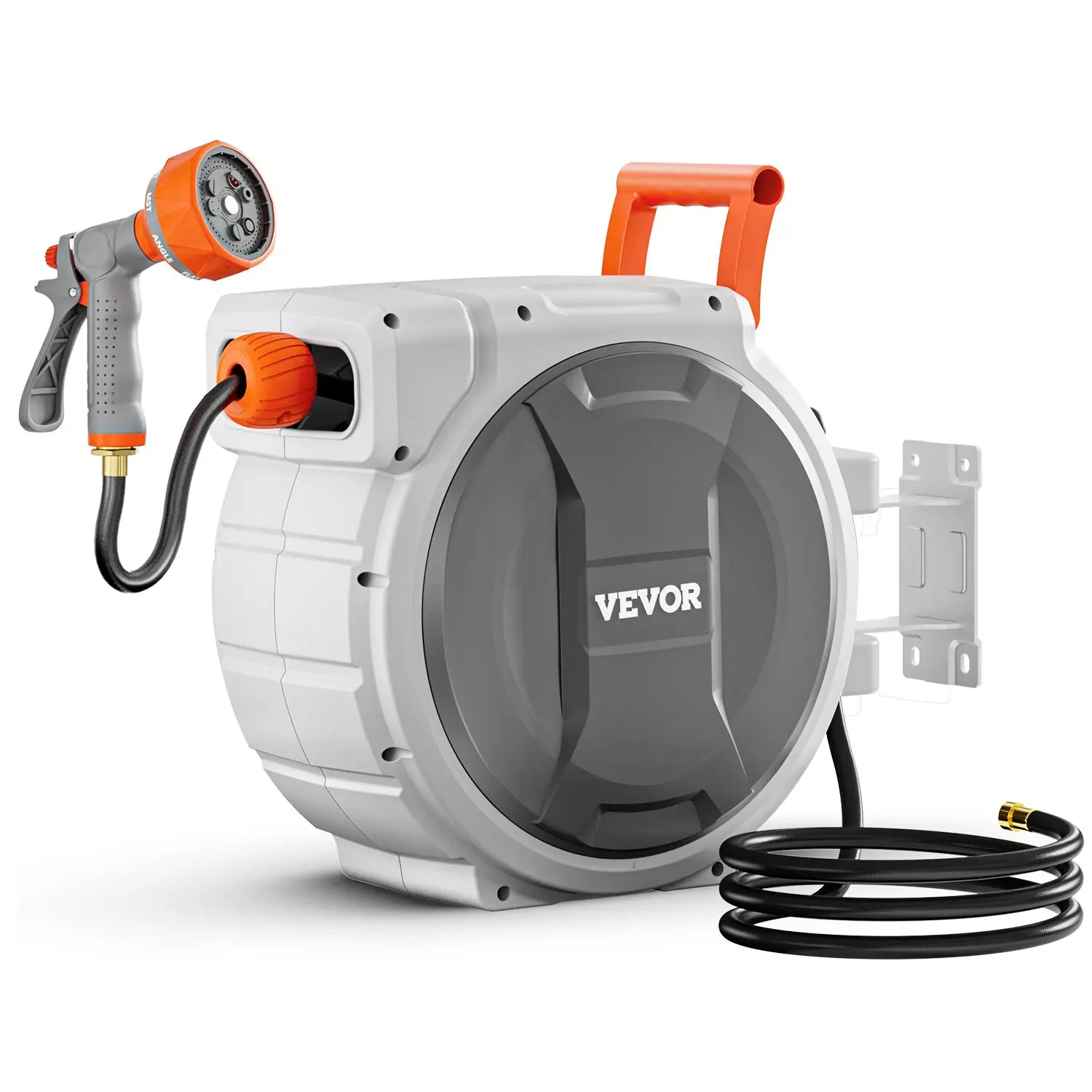 【Summerfinds】VEVOR Wall Mount Retractable Garden Hose Reel, 1/2 in x 145 ft Heavy Duty PP Shell Hose Reel, Lockable Length, 9-Pattern High-Pressure Nozzle Watering Equipment, Upgraded Slow Return System, 180°Swivel Bracket for Washing Car