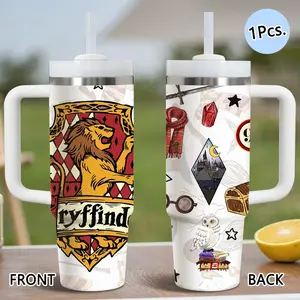 Harry School Badge Vacuum Flasks 40oz Stainless Steel Tumbler with Handle & Straw, Vacuum Insulated Travel Mug Keeps Drinks Cold Up to 34 Hours, Leak-Resistant Cup for Iced Coffee, Water, Office, Gym or Travel