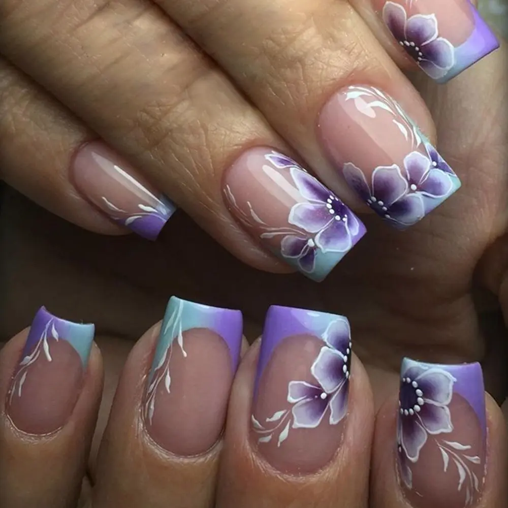 Curvlife medium squoval french Fake Nails patterns prints nude glossy shiny for spring 2 Week Wear Damage Free