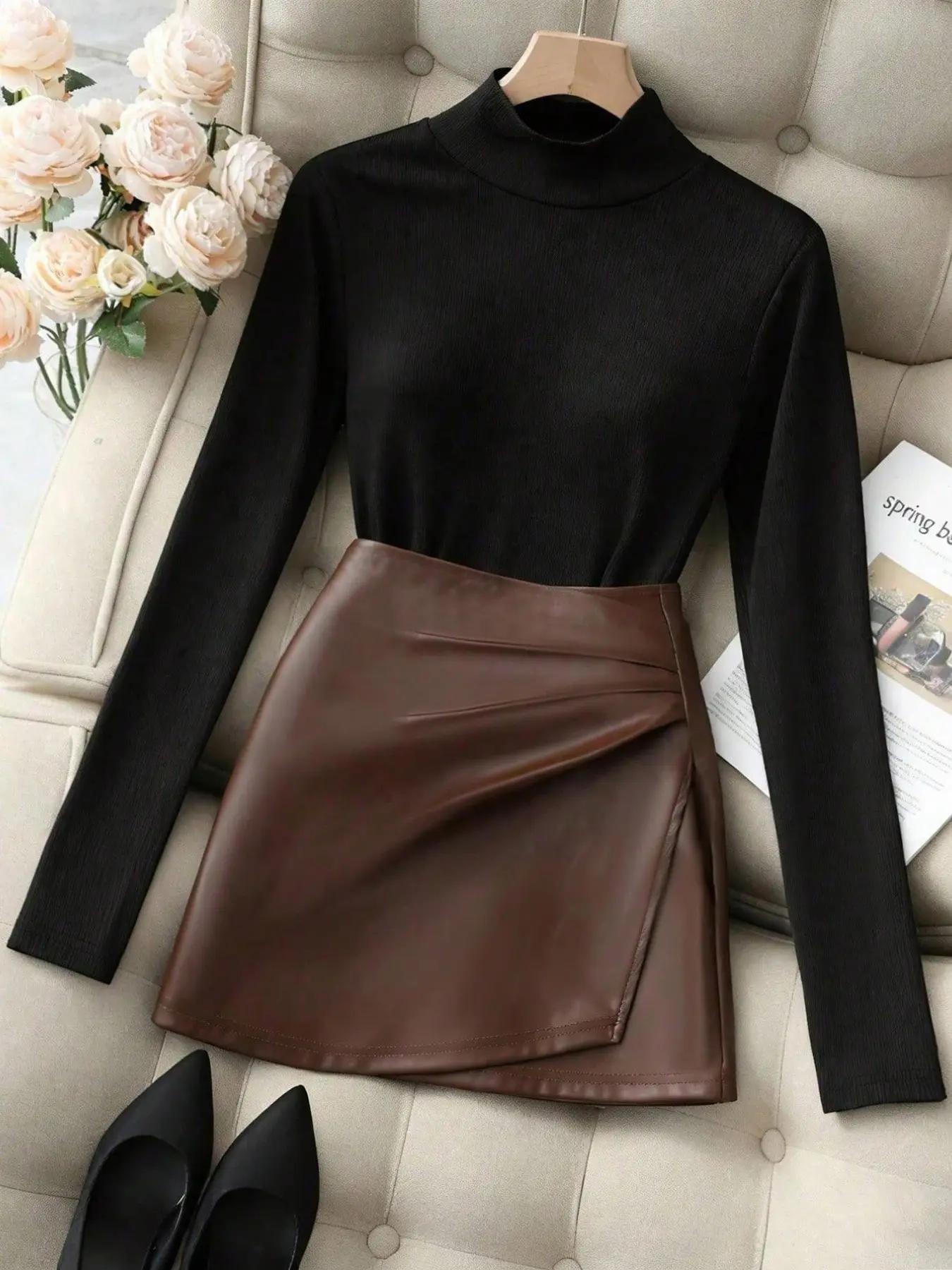 Women's Elegant Chic Casual Knit Turtleneck Long Sleeve Commuter Top and Skirt Set Outfit for Fall & Winter, Two-Piece Office Wear, Womenswear, Clothes
