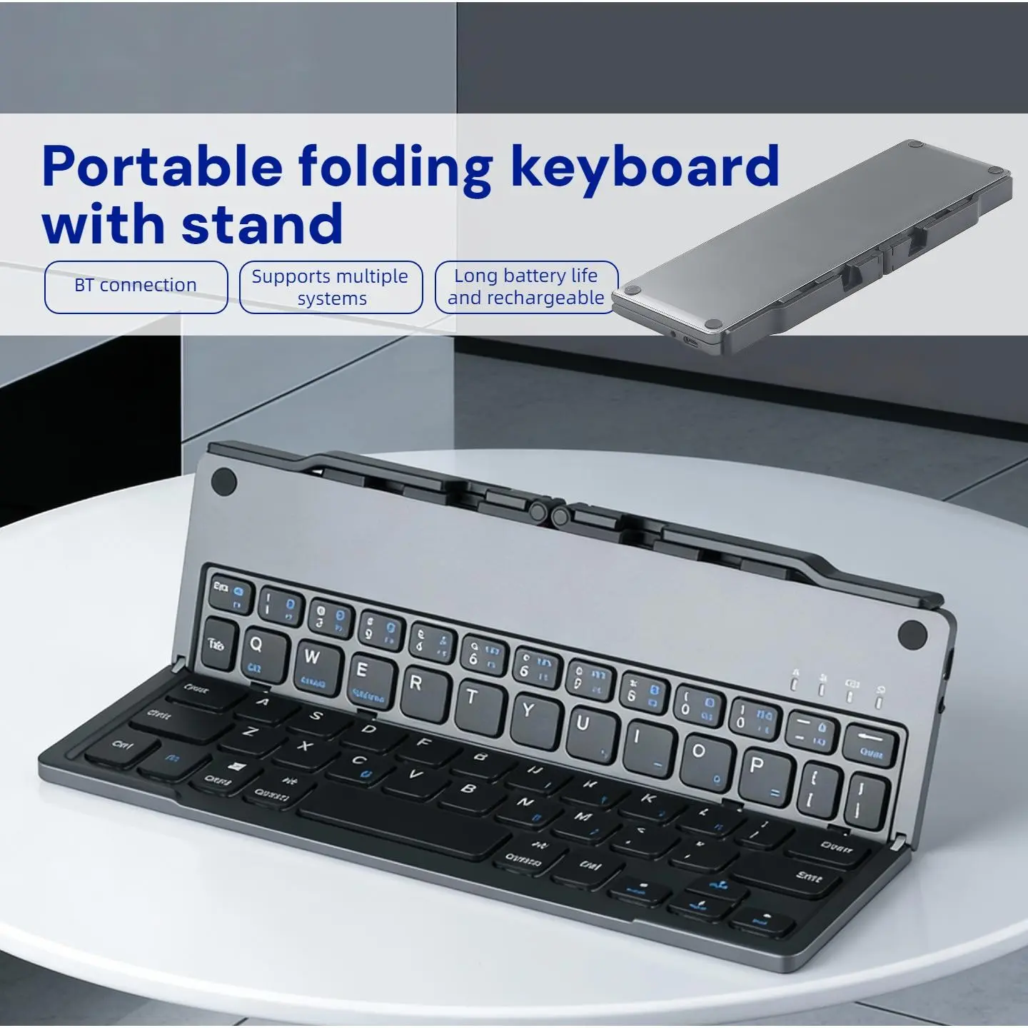 Foldable Bluetooth-compatible Wireless Portable Keyboard with Phone Tablet Stand, Compatible with Windows Android iOS, Boosts Office and Study Efficiency