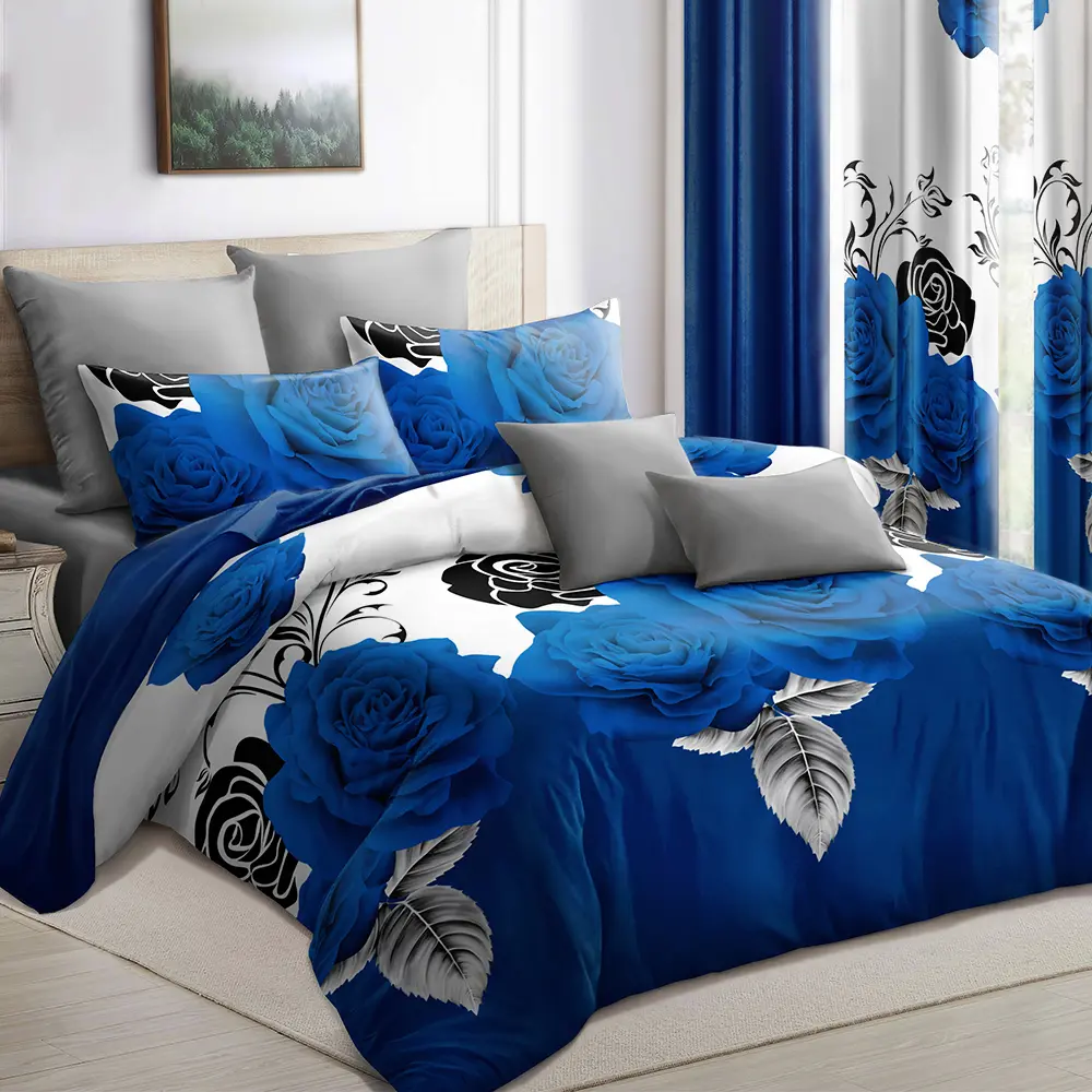 Blue Rose 9-Piece Bedspread Set with 6 Curtains, Lightweight Thin Quilted Bed Cover & Light Filtering Window Drapes, Wrinkle Resistant Microfiber Decor Bedding, Breathable Fade Resistant Washable, Twin Queen King Cal King |NOT Thick Comforter, Flowers, Ch