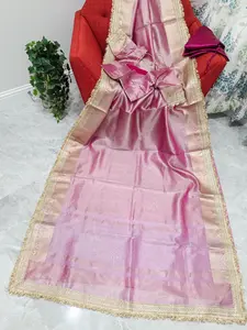 Maharani Style Blush Pink Semi Tissue Saree with Stitched Blouse & Satin Petticoat