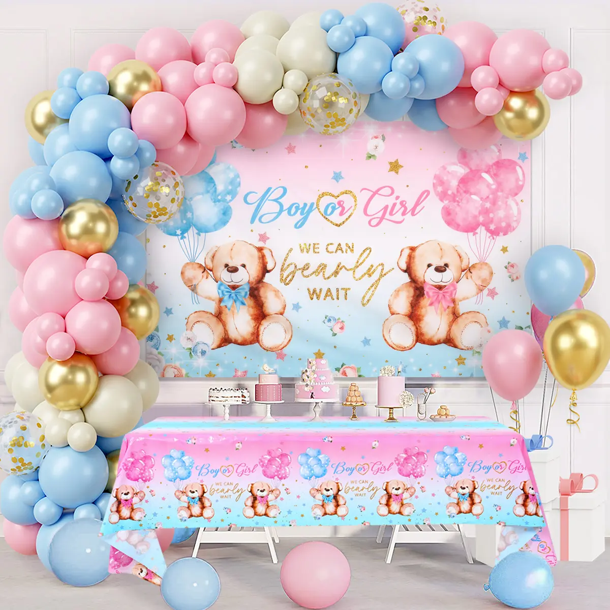 99Pcs Bear-Themed Gender Reveal Party Decoration Set for Baby Boys and Girls, including pink, blue, gold, and off-white balloon garlands, a backdrop, and a tablecloth; perfect for baby christening parties
