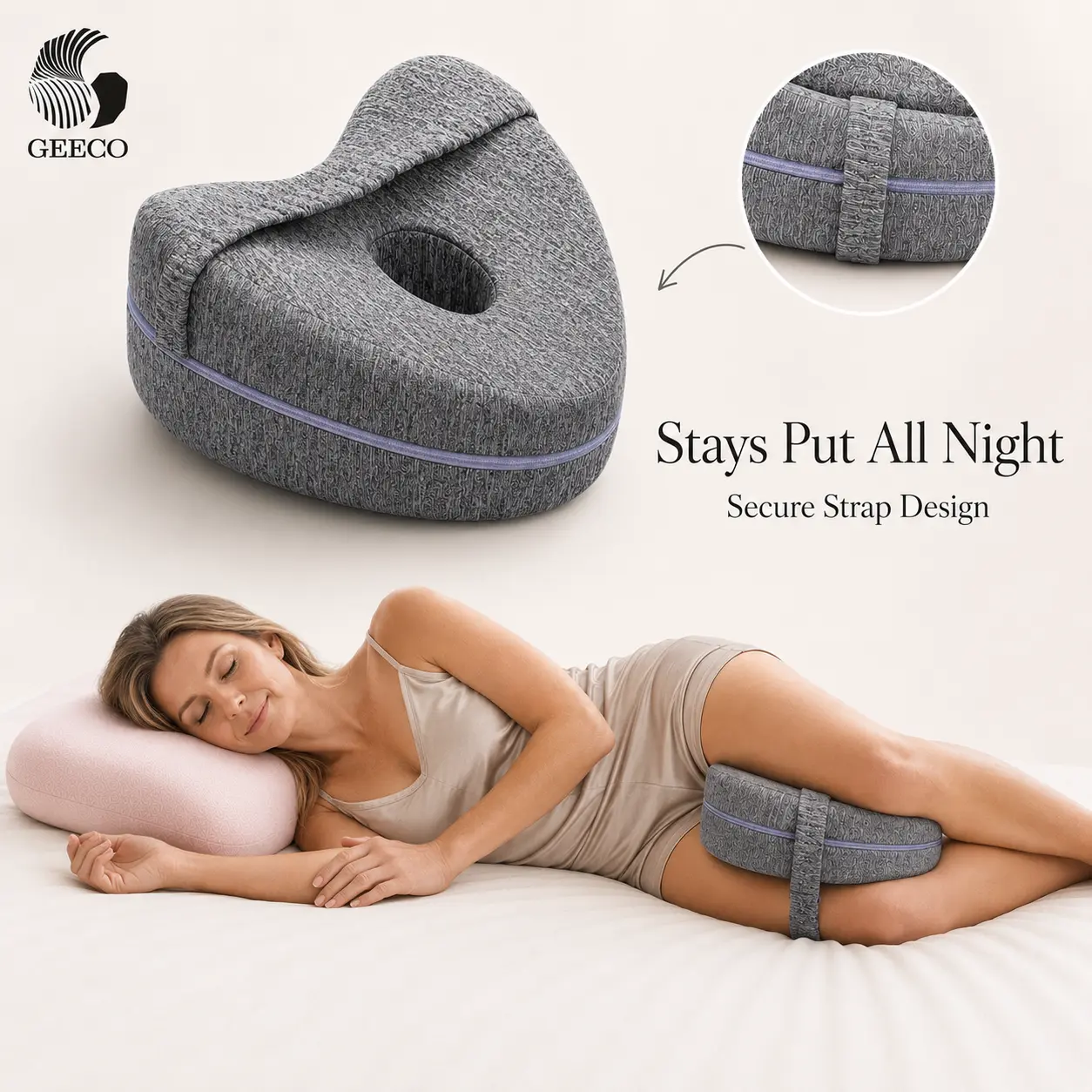 GEECO Orthopedic Memory Foam Knee Positioner Cushion - Memory Foam Cushion for Side Sleepers, Strap-In Design, Cooling Washable Cover, Heart-Shaped Pregnancy Support for Hip & Back Alignment, Grey