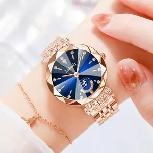 Luxury Women's Diamond Cut Crystal Watch, Elegant Stainless Steel Waterproof Moon Star Sun Design, Moon And Sun Motif, Perfect Anniversary Gift
