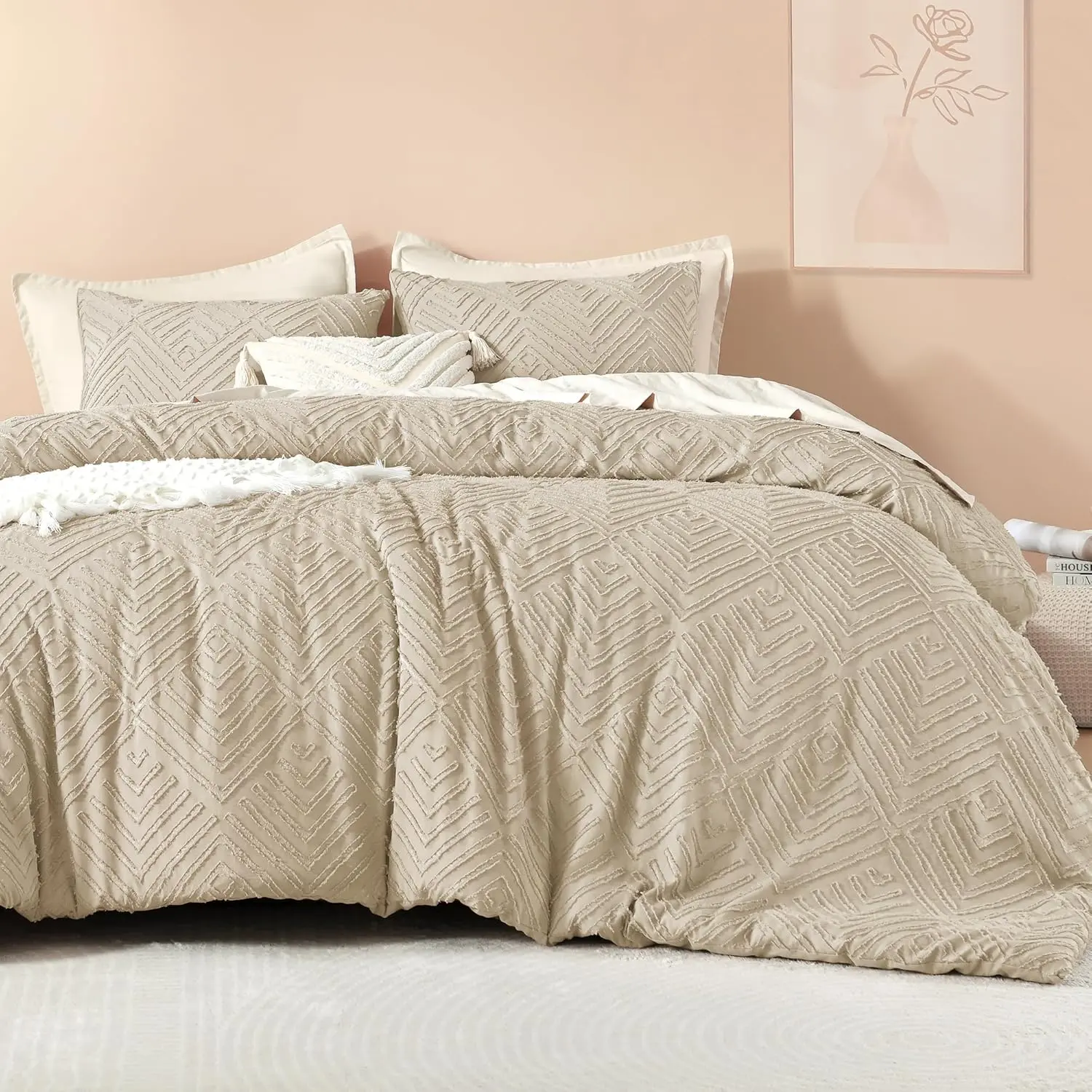 Khaki Queen Comforter, 3 Tufted Boho Farmhouse Comforter Sets, Lightweight Fluffy Comforter for (90x90In Comforter and 2 Pillowcases)