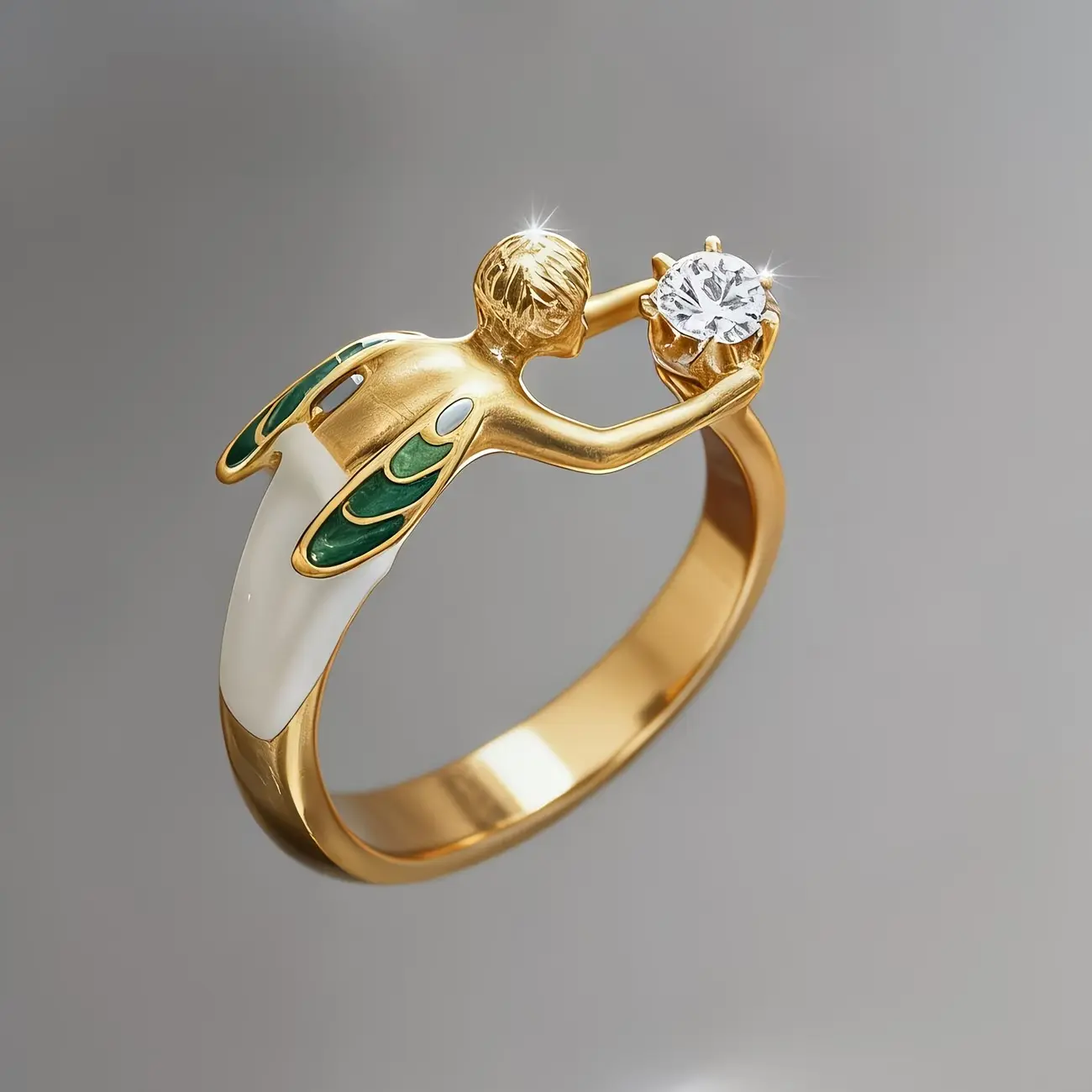 Women's Romantic Dawn Angel Ring - Art Nouveau 3D Fairycore Fantasy Themed Gold-Tone Statement Jewelry, Symbolizing Protection and Blessings, Suitable for Everyday Wear & Special Occasions, 3D Rings, Fairycore Rings