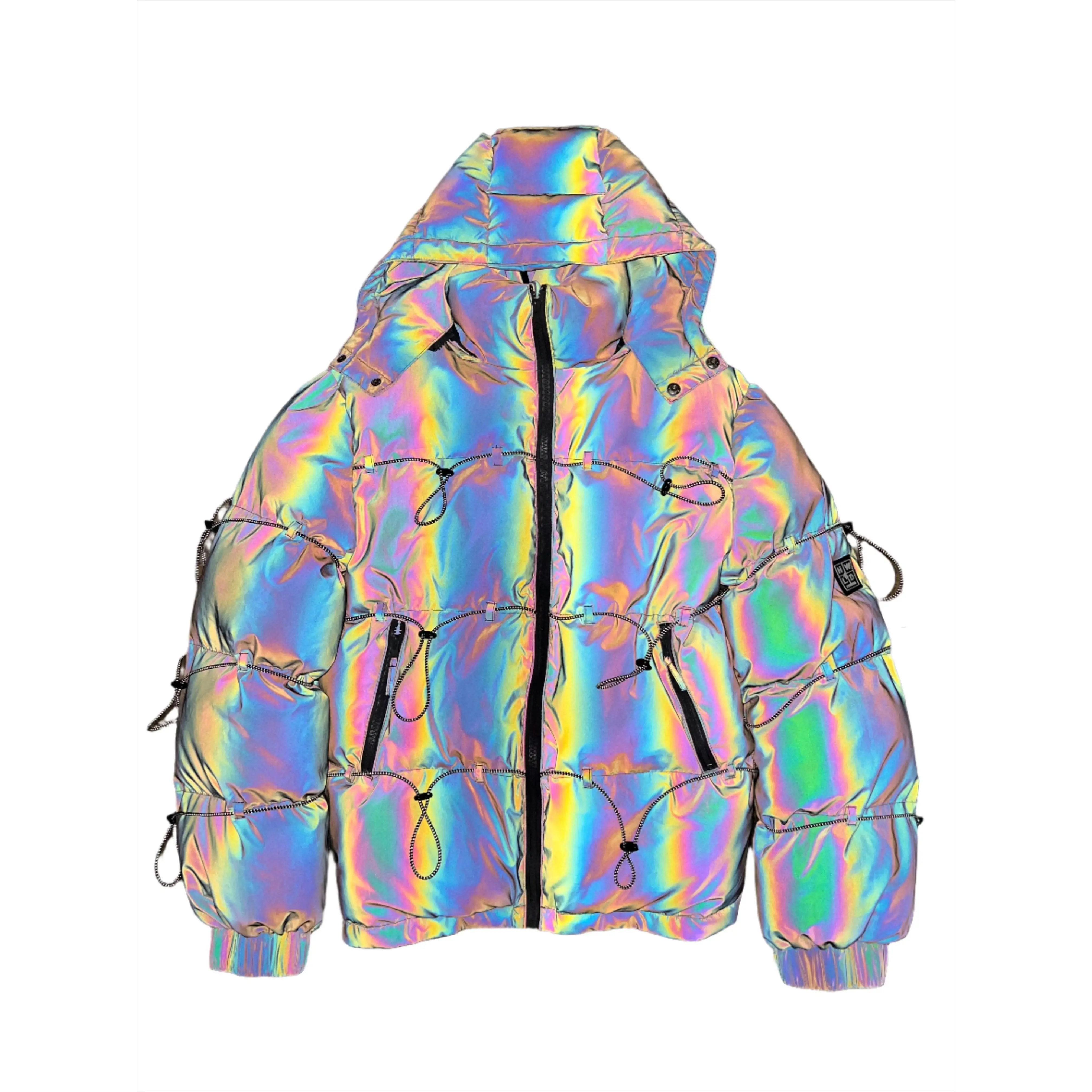 Holographic Parachute Puffer Jacket for Women - Long Sleeve, Fitted, Hooded, Reflective Cords, Casual Y2K Style Outerwear