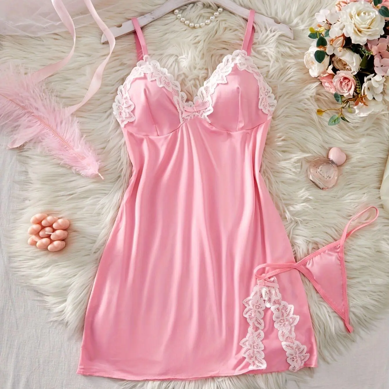AESKEIA Women's Lace Babydoll Lingerie Set - Sexy V-Neck Cami with Matching Thong, Backless Breathable Lightweight Nightwear, Lace Cup, Triangle Straps, Swing, Boudoir Aesthetic, Hand Wash Only (for Valentine's Day)