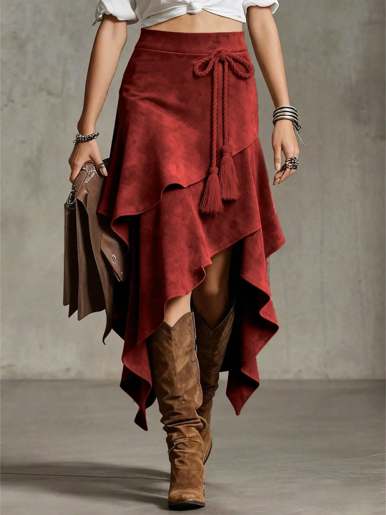 Vintage Asymmetrical Midi Skirt with Fringe Details, High Waist Bohemian Style Women's Dress, Fashionable and Unique Design Fit