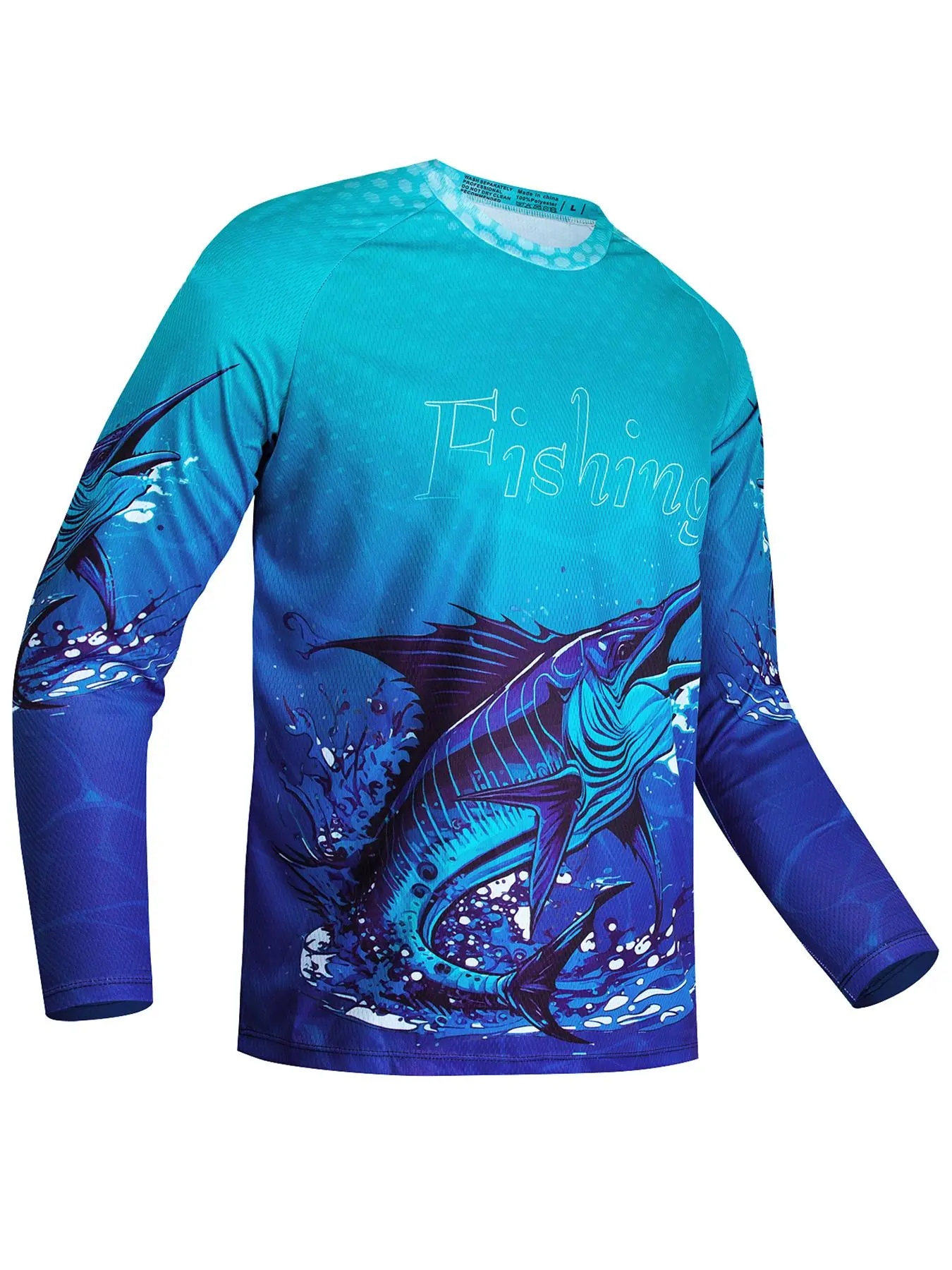 Men's Fish Print Round Neck Raglan Sleeve Sports Tee, Regular Fit Long Sleeve T-shirt for Men, Summer Outfits 2024, Summer Clothes, Athletic Apparel, Quick Drying Top, Athletic Sports Clothing