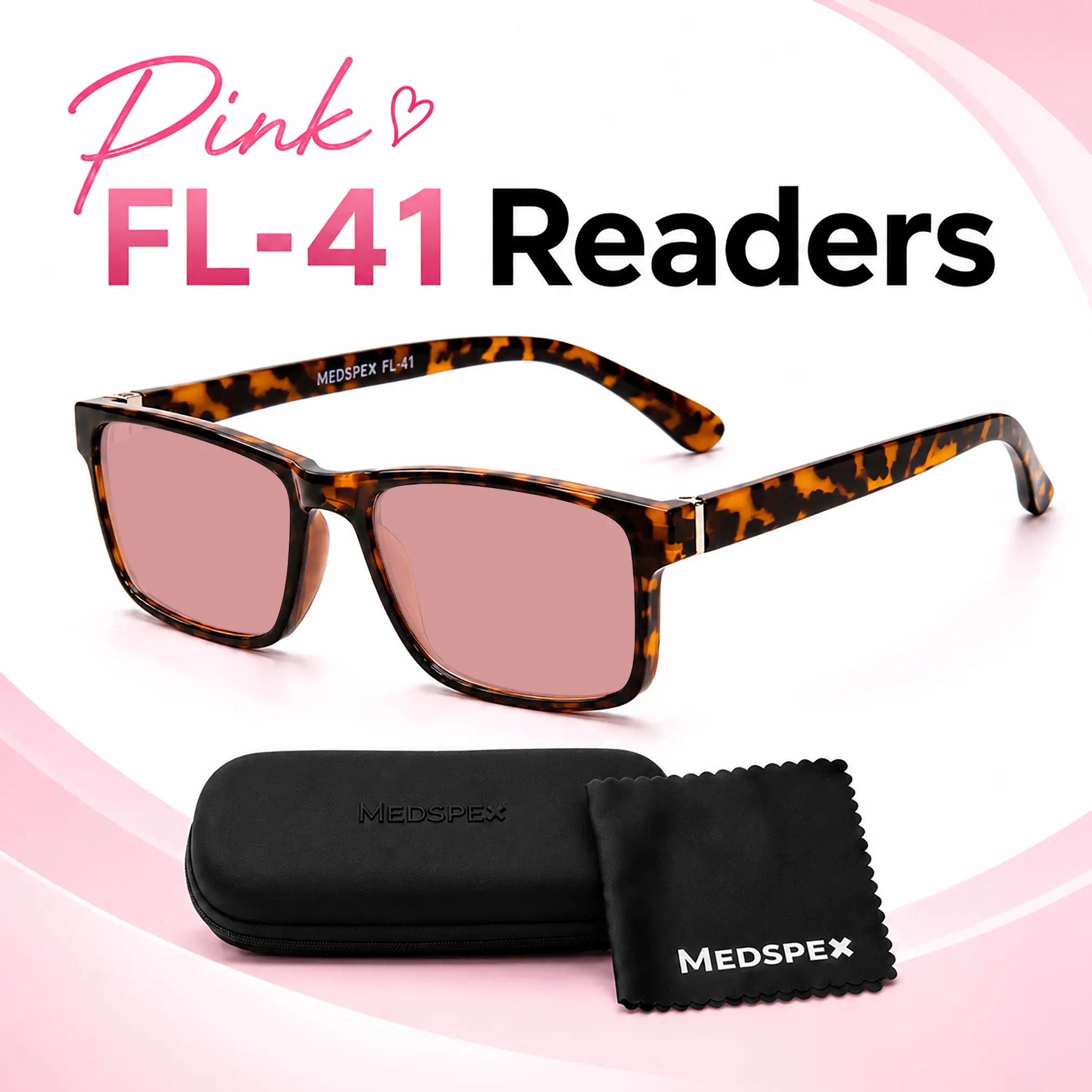 Medspex L2007 C2 Tortoise Full Rim Unisex FL-41 Light-Filtering Pink Tint Reading Glasses for Working on Computers, Tinted Daily Use, No, Indoor + Outdoor Use, Tortoiseshell, Computer Work, Various Strengths