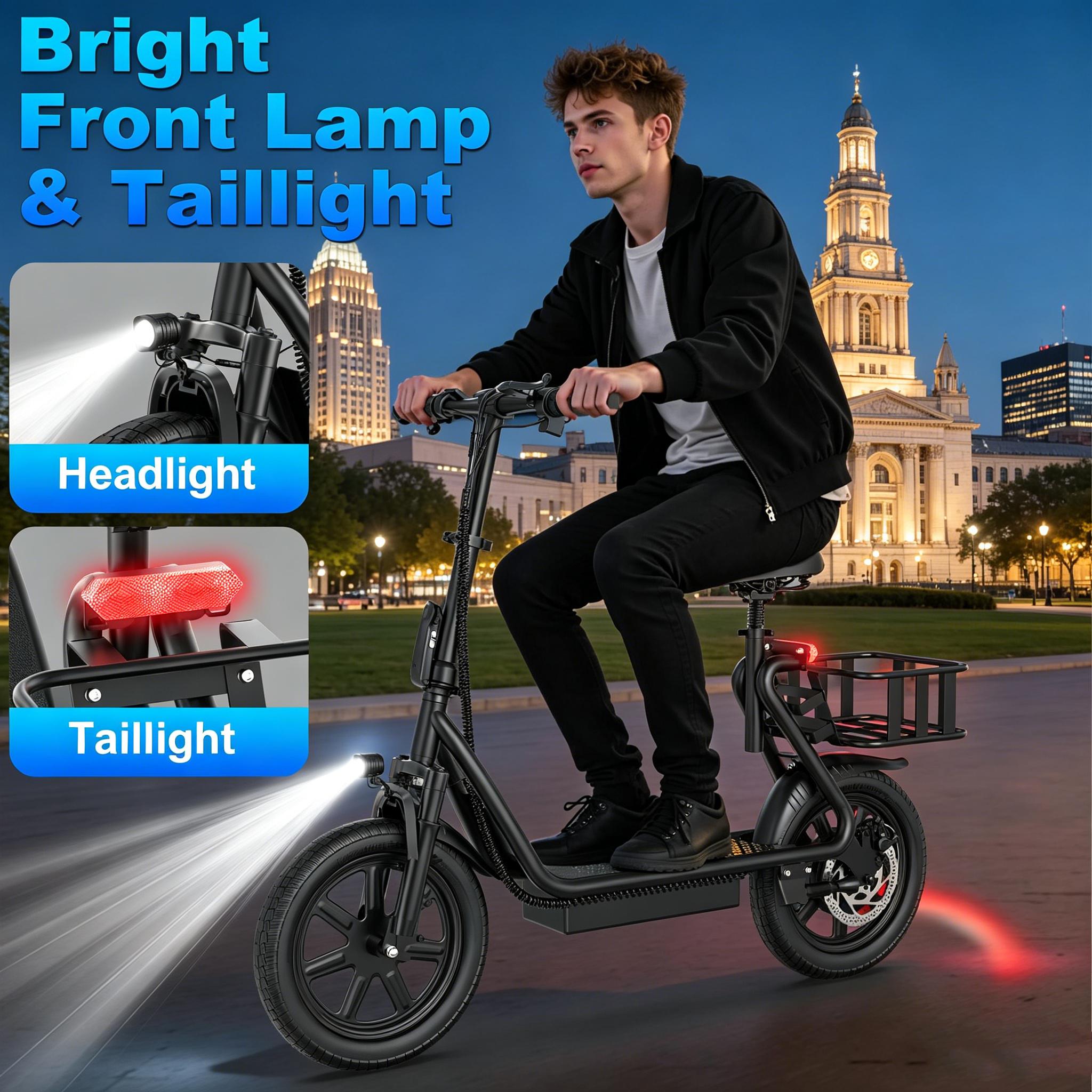 48V 10.4Ah Adult Electric Scooter with Seat, Powerful Motor, 22MPH Max Speed, 21-27 Mi Driving Range, Pet-Friendly Design, and Convenient Rear Basket,summervibes