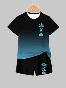 Blue Gradient Peach K Crown Print Short Sleeve Shorts Set, Trendy Cool Casual Kids Clothing, Fashionable Youthwear, Youth Kits